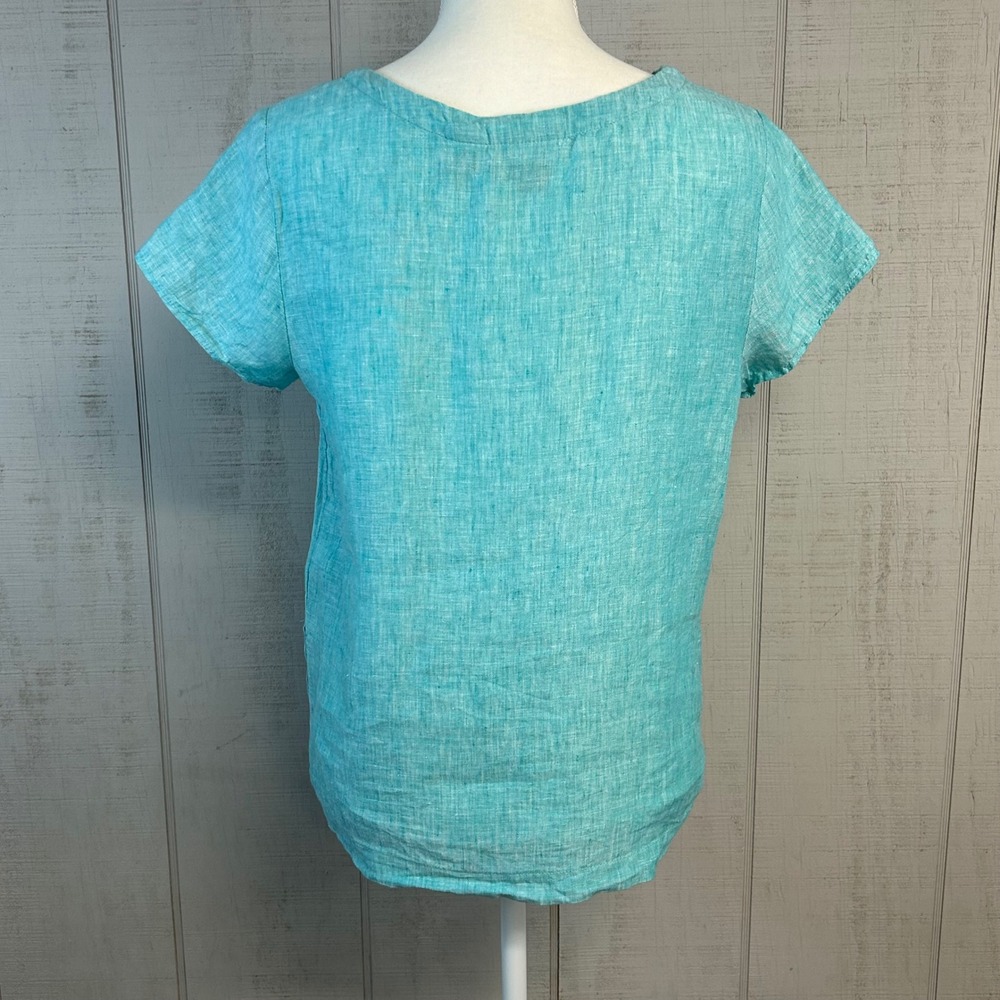 Cynthia Rowley 100% Linen Blouse Top S Short Sleeve Blue Coastal Euro Scandi - Picture 3 of 8